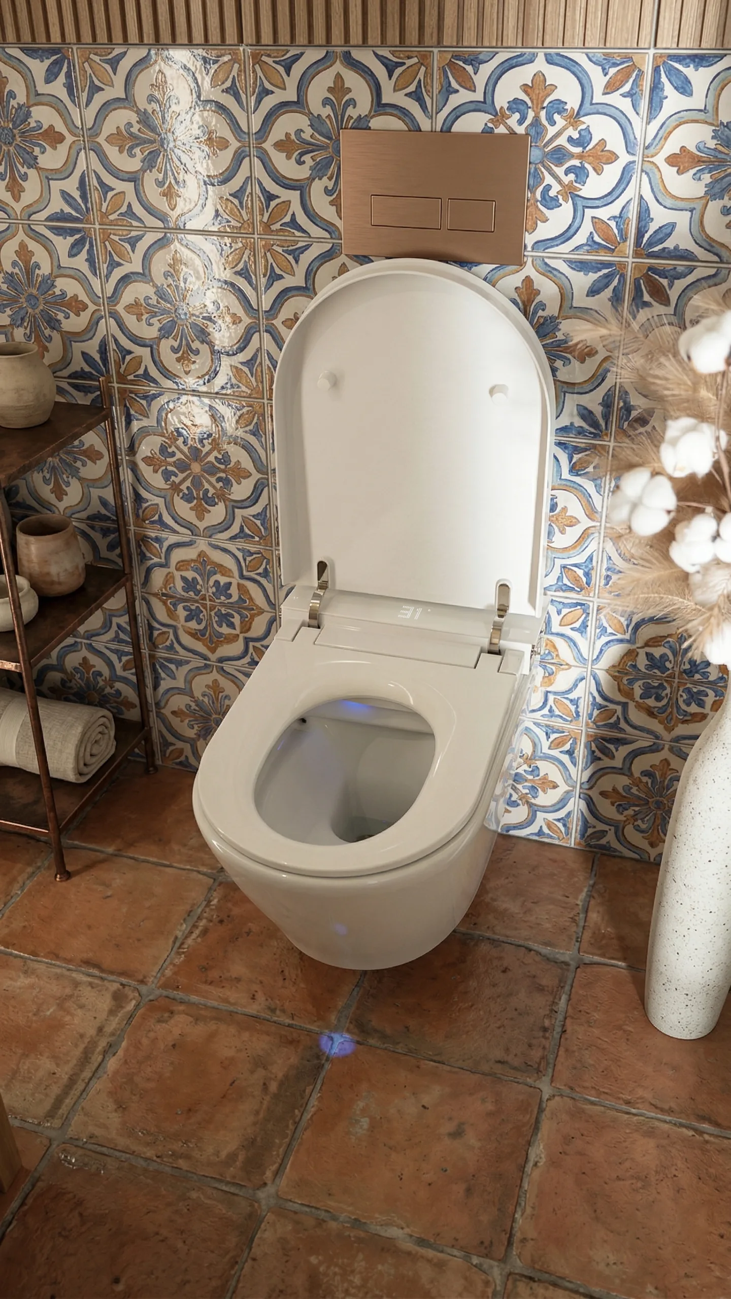 Breeze in a bathroom with patterned blue tiles and terracotta flooring